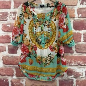 Vintage Angie Shirt Womens Large Multicolor Boho Floral Studded Sheer Tunic Top